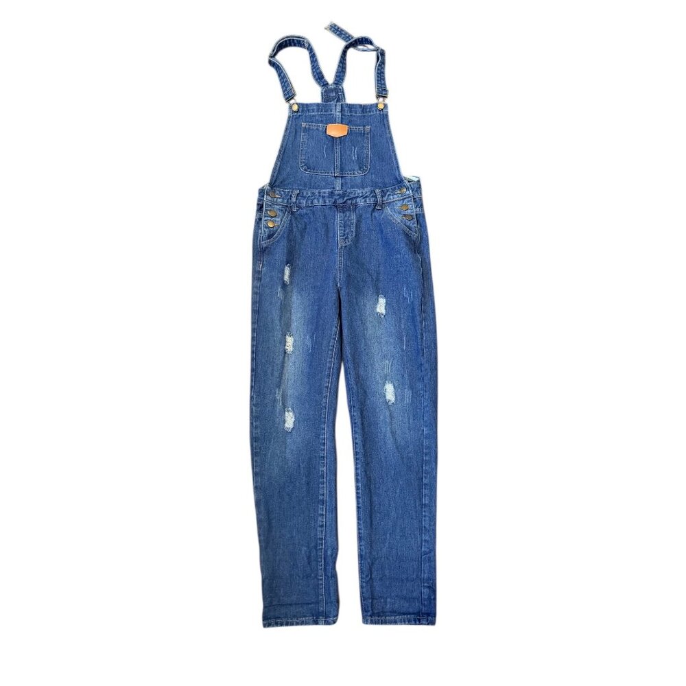 Blue Denim Overalls With Adjustable Straps Distressed Juniors Medal Multiple Poc
